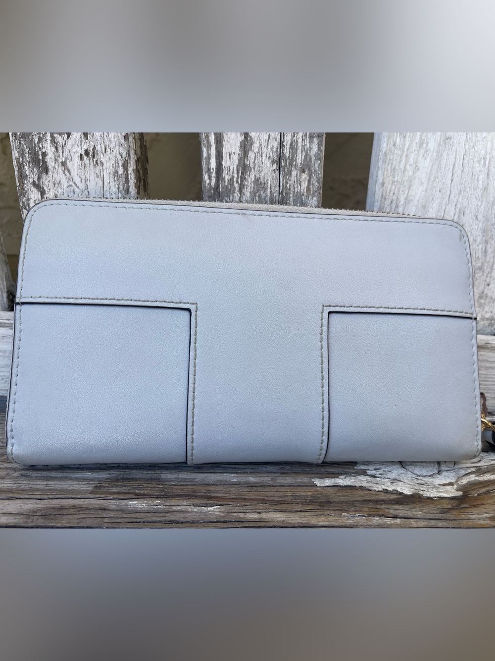 Tory Burch Block-T Zip Around Wallet Luna Light Blue Pebbled Leather Card Slots